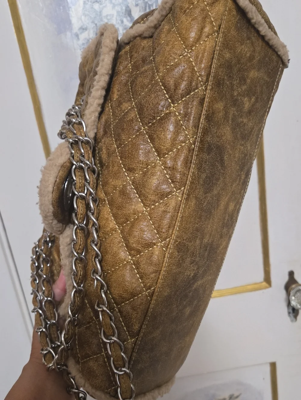 Quilted Shearling-Trim Teddy Shoulder Bag in Camel. Large Flap Bag.